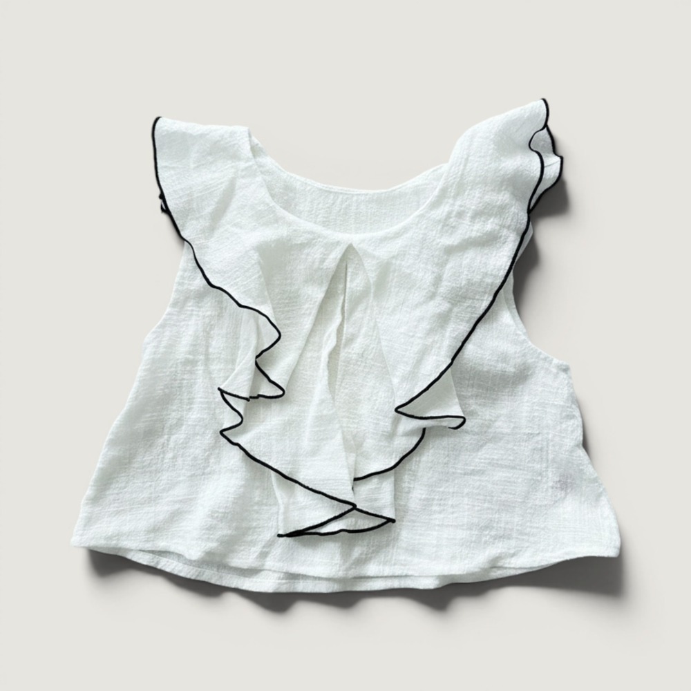 Lancoos Girls White Textured Ruffle Blouse Sleeveless Top Black Trim Kids